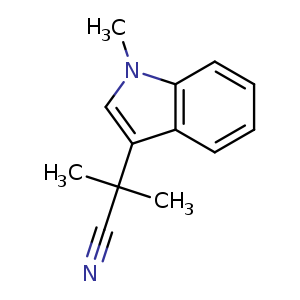 Chemical structure of 2-Methyl-2-(1-methyl-1H-indol-3-yl) propanenitrile , CAS 91806-07-4, AChemBlock U108064