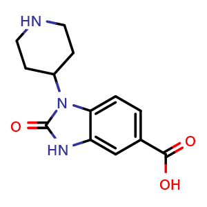 Chemical structure of 2-Oxo-1-(piperidin-4-yl)-2,3-dihydro-1H-benzo[d]imidazole-5-carboxylic acid , CAS 889944-60-9, AChemBlock U108073
