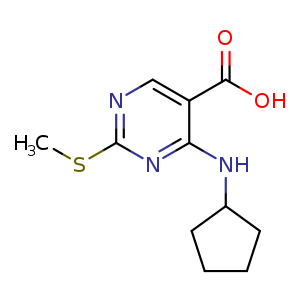 Chemical structure of 4-(Cyclopentylamino)-2-(methylthio)pyrimidine-5-carboxylic acid , CAS 1065075-68-4, AChemBlock U108271