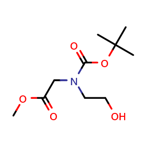 Chemical structure of Methyl 2-(tert-butoxycarbonyl(2-hydroxyethyl)amino)acetate , CAS 189160-68-7, AChemBlock U108400