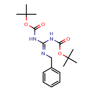 Chemical structure of tert-Butyl N-[N'-benzyl-N-[(2-methylpropan-2-yl)oxycarbonyl] carbamimidoyl]carbamate , CAS 145013-06-5, AChemBlock U108579