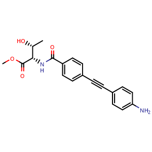 Chemical structure of (2S,3R)-Methyl 2-(4-((4-aminophenyl)ethynyl)benzamido)-3-hydroxybutanoate , CAS 2231354-67-7, AChemBlock U108633