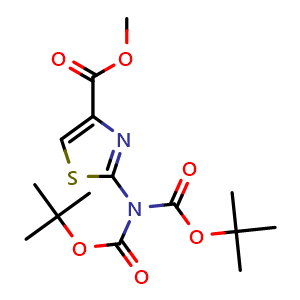 Chemical structure of Methyl 2-(bis(tert-butoxycarbonyl)amino) thiazole-4-carboxylate , CAS 2089291-60-9, AChemBlock U108740