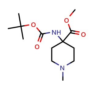 Chemical structure of Methyl 4-(tert-butoxycarbonylamino)-1-methylpiperidine-4-carboxylate , CAS 2102410-24-0, AChemBlock U108742