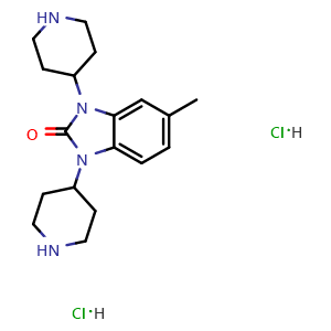 Chemical structure of 5-Methyl-1,3-di(piperidin-4-yl)-1H-benzo[d]imidazol-2(3H)-one dihydrochloride , CAS 2102411-88-9, AChemBlock U108750