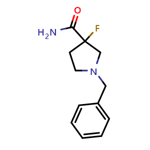 Chemical structure of 1-Benzyl-3-fluoropyrrolidine-3-carboxamide , CAS 2098033-08-8, AChemBlock U108765