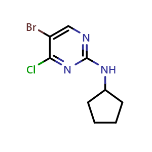 Chemical structure of 5-Bromo-4-chloro-N-cyclopentylpyrimidin-2-amine , CAS 1823404-28-9, AChemBlock U108903