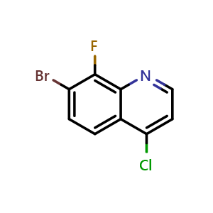 Chemical structure of 7-Bromo-4-chloro-8-fluoroquinoline , CAS 2111439-88-2, AChemBlock U109016