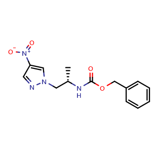 Chemical structure of (S)-benzyl 1-(4-nitro-1H-pyrazol-1-yl)propan-2-ylcarbamate , CAS 2460687-71-0, AChemBlock U109089