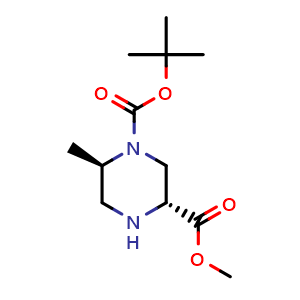 Chemical structure of (3R,6R)-1-tert-Butyl 3-methyl 6-methylpiperazine-1,3-dicarboxylate , CAS 2349395-78-2, AChemBlock U109102
