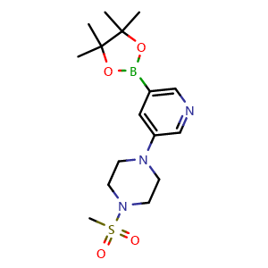 Chemical structure of 1-(Methylsulfonyl)-4-(5-(4,4,5,5-tetramethyl-1,3,2-dioxaborolan-2-yl)pyridin-3-yl)piperazine , CAS 1201644-34-9, AChemBlock U109113