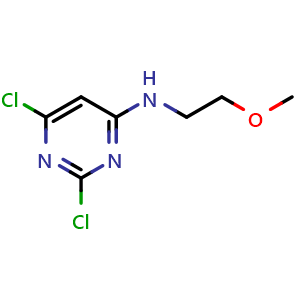 Chemical structure of 2,6-Dichloro-N-(2-methoxyethyl)pyrimidin-4-amine , CAS 879609-73-1, AChemBlock U109181