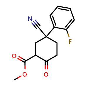 Chemical structure of Methyl 5-cyano-5-(2-fluorophenyl)-2-oxocyclohexanecarboxylate , CAS 179064-48-3, AChemBlock U109189