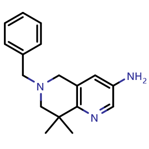 Chemical structure of 6-Benzyl-8,8-dimethyl-5,6,7,8-tetrahydro-1,6-naphthyridin-3-amine , CAS 1356087-44-9, AChemBlock U109207