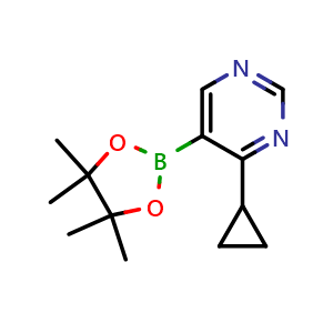 Chemical structure of 4-Cyclopropyl-5-(4,4,5,5-tetramethyl-1,3,2-dioxaborolan-2-yl)pyrimidine , CAS 1375303-49-3, AChemBlock U109216