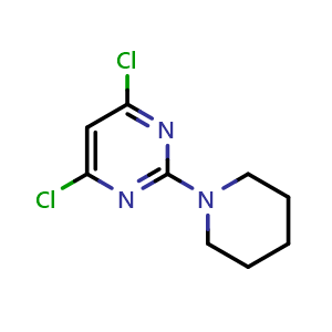 Chemical structure of 4,6-Dichloro-2-(piperidin-1-yl)pyrimidine , CAS 7038-67-7, AChemBlock U109224