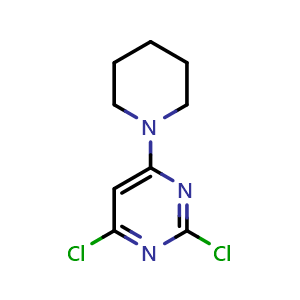 Chemical structure of 2,4-Dichloro-6-(piperidin-1-yl)pyrimidine , CAS 213201-98-0, AChemBlock U109225