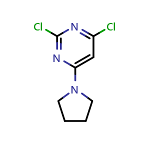 Chemical structure of 2,4-Dichloro-6-(pyrrolidin-1-yl)pyrimidine , CAS 154117-92-7, AChemBlock U109283