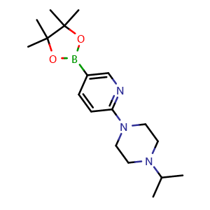 Chemical structure of 1-Isopropyl-4-(5-(4,4,5,5-tetramethyl-1,3,2-dioxaborolan-2-yl)pyridin-2-yl)piperazine , CAS 919496-58-5, AChemBlock U109318