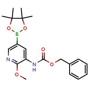 Chemical structure of Benzyl 2-methoxy-5-(4,4,5,5-tetramethyl-1,3,2-dioxaborolan-2-yl)pyridin-3-ylcarbamate , CAS 893440-45-4, AChemBlock U109348