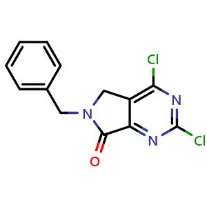 Chemical structure of 6-Benzyl-2,4-dichloro-5hpyrrolo[3,4-d]pyrimidin-7(6H)-one , CAS 1207368-82-8, AChemBlock U109491