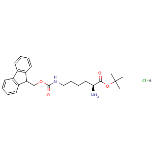 Chemical structure of (S)-tert-butyl6-(((9H-fluoren-9-yl)methoxy)carbonylamino)-2-aminohexanoate hydrochloride , CAS 330795-57-8, AChemBlock U109572