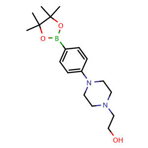 Chemical structure of 2-(4-(4-(4,4,5,5-Tetramethyl-1,3,2-dioxaborolan-2-yl)phenyl)piperazin-1-yl)ethanol , CAS 1089686-81-6, AChemBlock U109606