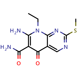 Chemical structure of 7-Amino-8-ethyl-2-(methylthio)-5-oxo-5,8-dihydropyrido[2,3-d]pyrimidine-6-carboxamide , CAS 1314997-70-0, AChemBlock U109609