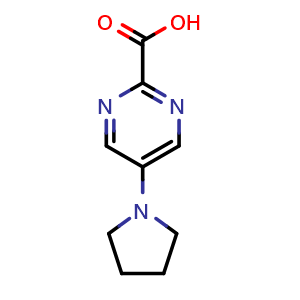 Chemical structure of 5-(Pyrrolidin-1-yl)pyrimidine-2-carboxylic acid , CAS 1823317-25-4, AChemBlock U109617