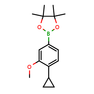 Chemical structure of 2-(4-Cyclopropyl-3-methoxyphenyl)-4,4,5,5-tetramethyl-1,3,2-dioxaborolane , CAS 2223052-70-6, AChemBlock U109636