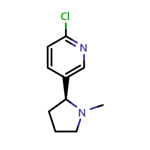 Chemical structure of (S)-2-chloro-5-(1-methylpyrrolidin-2-yl)pyridine , CAS 112091-17-5, AChemBlock U109648