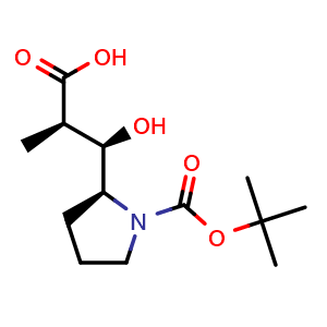Chemical structure of (2R,3R)-3-((S)-1-(tert-butoxycarbonyl)pyrrolidin-2-yl)-3-hydroxy-2-methylpropanoicacid , CAS 133565-38-5, AChemBlock U109674