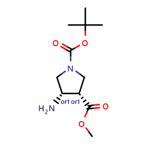 Chemical structure of Cis-1-tert-butyl 3-methyl 4-aminopyrrolidine-1,3-dicarboxylate , CAS 1903173-34-1, AChemBlock U109702