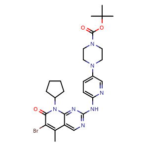 Chemical structure of Tert-butyl4-(6-(6-bromo-8-cyclopentyl-5-methyl-7-oxo-7,8-dihydropyrido[2,3-d]pyrimidin-2-ylamino)pyridin-3-yl)piperazine-1-carboxylate , CAS 571188-82-4, AChemBlock U109726