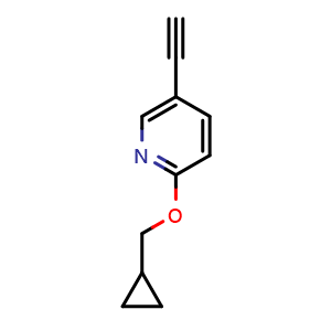Chemical structure of 2-(Cyclopropylmethoxy)-5-ethynylpyridine , CAS 1224719-31-6, AChemBlock U109738
