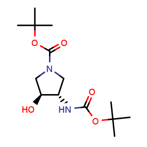 Chemical structure of Trans-tert-butyl 3-(tert-butoxycarbonylamino)-4-hydroxypyrrolidine-1-carboxylate , CAS 1351343-29-7, AChemBlock U109767