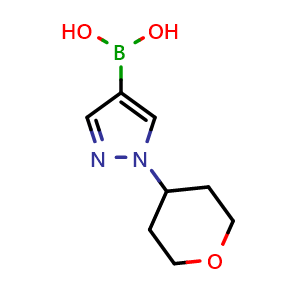 Chemical structure of 1-(Tetrahydro-2H-pyran-4-yl)-1H-pyrazol-4-ylboronic acid , CAS 1263196-50-4, AChemBlock U109782