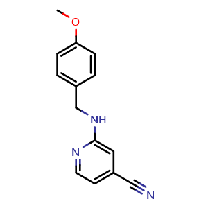 Chemical structure of 2-(4-Methoxybenzylamino)isonicotinonitrile , CAS 618446-32-5, AChemBlock U109802