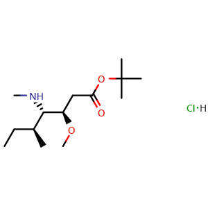 Chemical structure of (3R,4s,5s)-tert-butyl3-methoxy-5-methyl-4-(methylamino)heptanoate hydrochloride , CAS 120205-48-3, AChemBlock U109846