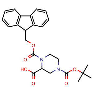 Chemical structure of 1-(((9H-fluoren-9-yl)methoxy)carbonyl)-4-(tert-butoxycarbonyl)piperazine-2-carboxylic acid , CAS 183742-23-6, AChemBlock U109912
