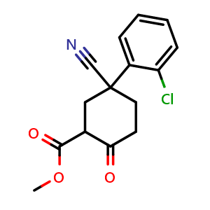 Chemical structure of Methyl 5-(2-chlorophenyl)-5-cyano-2-oxocyclohexanecarboxylate , CAS 65618-87-3, AChemBlock U109915