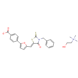 Chemical structure of 2-Hydroxy-N,N,N-trimethylethan-1-aminium (Z)-4-(5-((3-benzyl-4-oxo-2-thioxothiazolidin-5-ylidene)methyl)furan-2-yl)benzoate , CAS 2055362-74-6, AChemBlock U109936
