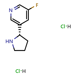 Chemical structure of 5-((2S)pyrrolidin-2-yl)-3-fluoropyridine dihydrochloride , CAS 2565792-20-1, AChemBlock U110240
