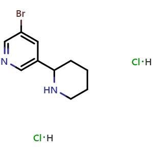 Chemical structure of 3-Bromo-5-(piperidin-2-yl)pyridine dihydrochloride , CAS 1998216-38-8, AChemBlock U110244