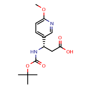 Chemical structure of (S)-3-((tert-butoxycarbonyl)amino)-3-(6-methoxypyridin-3-yl)propanoic acid , CAS 1217755-81-1, AChemBlock U110257