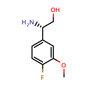Chemical structure of (2S)-2-amino-2-(4-fluoro-3-methoxyphenyl)ethan-1-ol , CAS 1213547-46-6, AChemBlock U110431