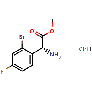 Chemical structure of Methyl (2R)-2-amino-2-(2-bromo-4-fluorophenyl)acetate hydrochloride , CAS 1391381-36-4, AChemBlock U110514