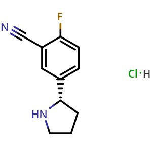 Chemical structure of 5-((2S)pyrrolidin-2-yl)-2-fluorobenzenecarbonitrile hydrochloride , CAS 2566459-57-0, AChemBlock U110570
