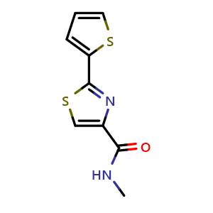 Chemical structure of N-methyl-2-(thiophen-2-yl)-1,3-thiazole-4-carboxamide , CAS 400080-72-0, AChemBlock U110824