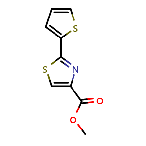 Chemical structure of Methyl 2-(thiophen-2-yl)-1,3-thiazole-4-carboxylate , CAS 1489464-15-4, AChemBlock U110831